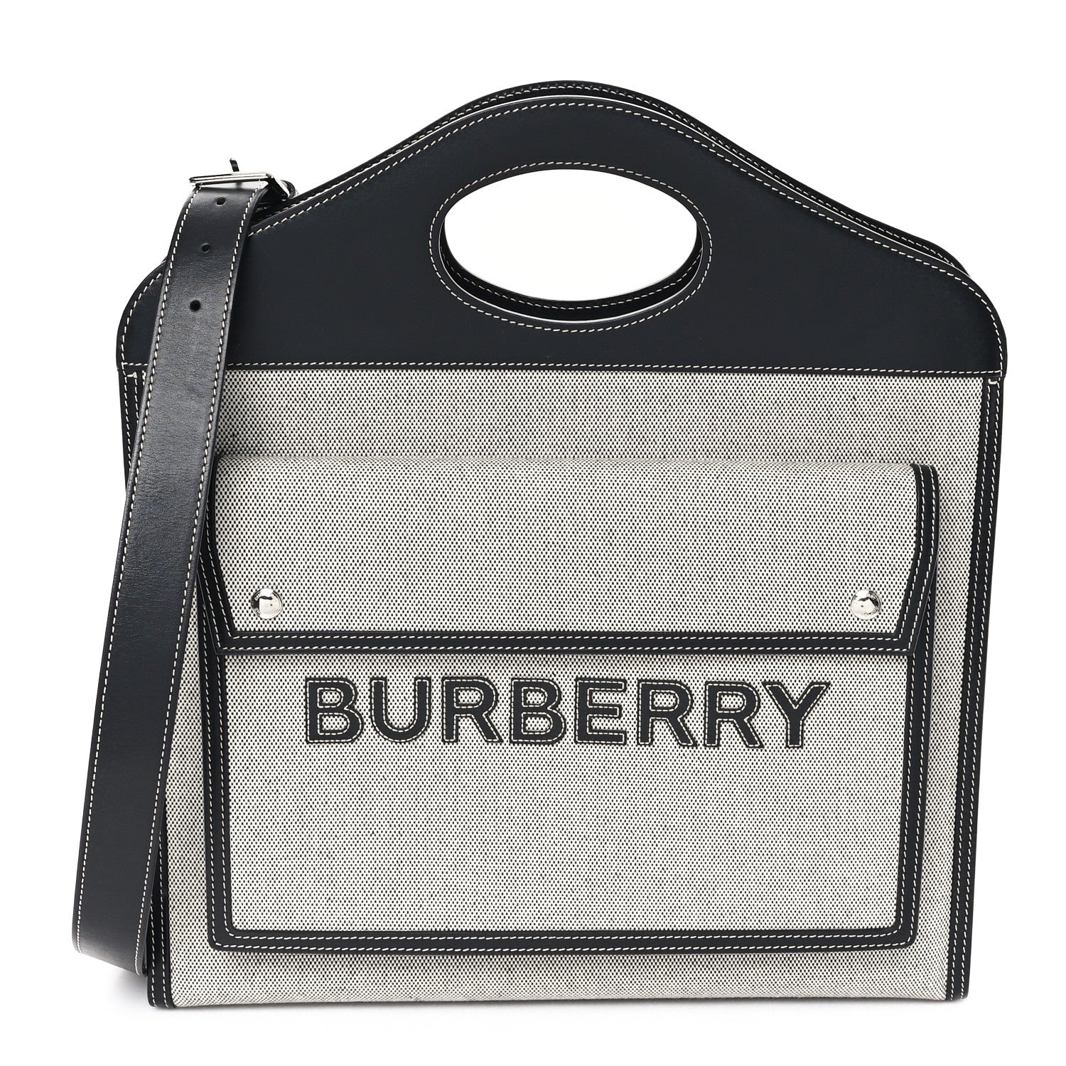 Burberry Canvas Smooth Calfskin Two Tone Medium Pocket Bag Black White 1 of 12