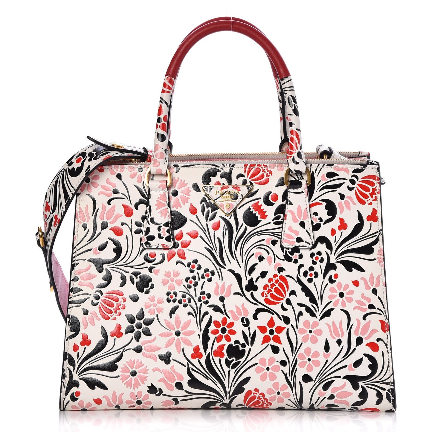 Calfskin Floreale Medium Galleria Double Zip Tote White Rosa