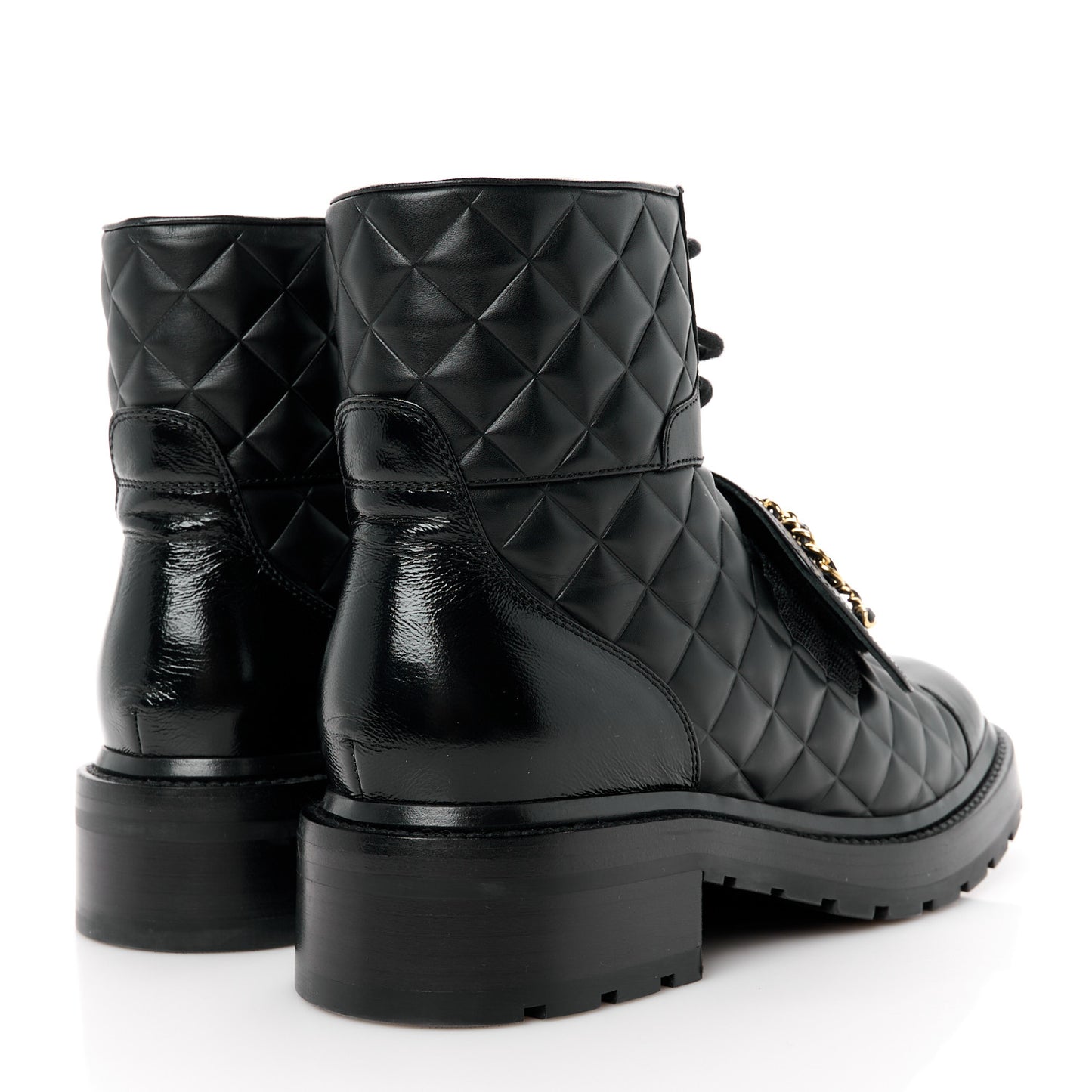 Shiny Calfskin Quilted Lace Up Combat Boots 39.5 Black