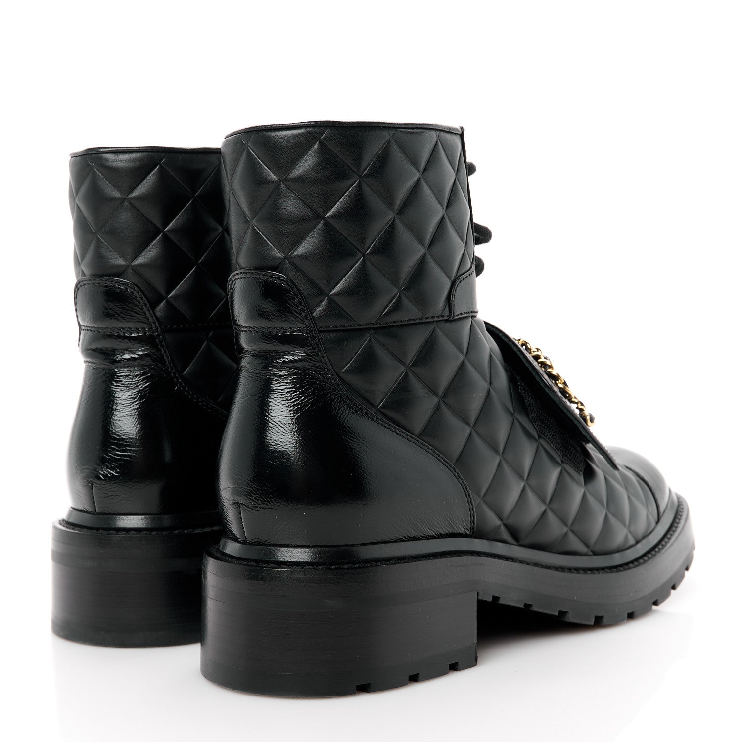 Chanel Shiny Calfskin Quilted Lace Up Combat Boots 39.5 Black 4 of 10