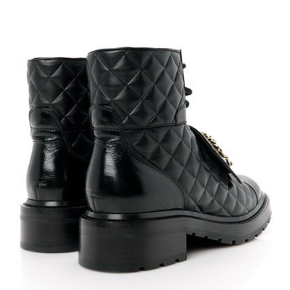 Chanel Shiny Calfskin Quilted Lace Up Combat Boots 39.5 Black 4 of 10