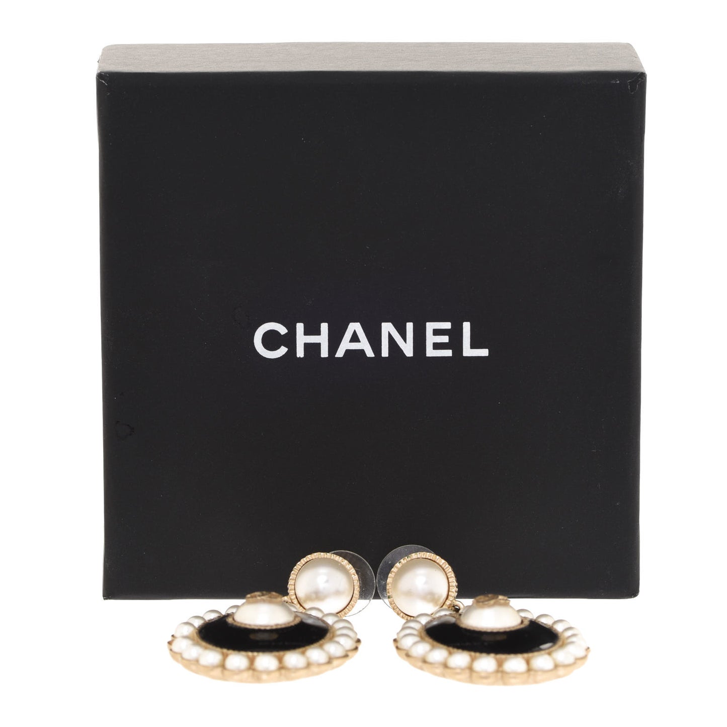 Pearl Enamel CC Oval Drop Earrings Gold Black