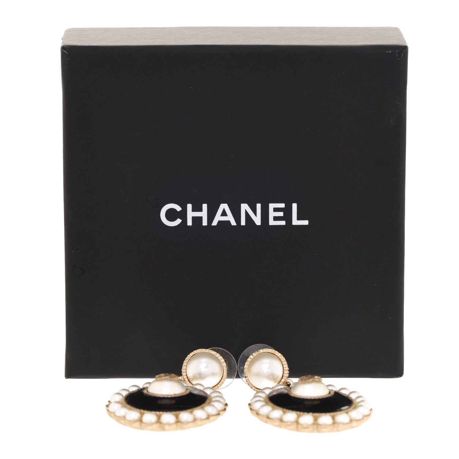 Chanel Pearl Enamel CC Oval Drop Earrings Gold Black 5 of 5