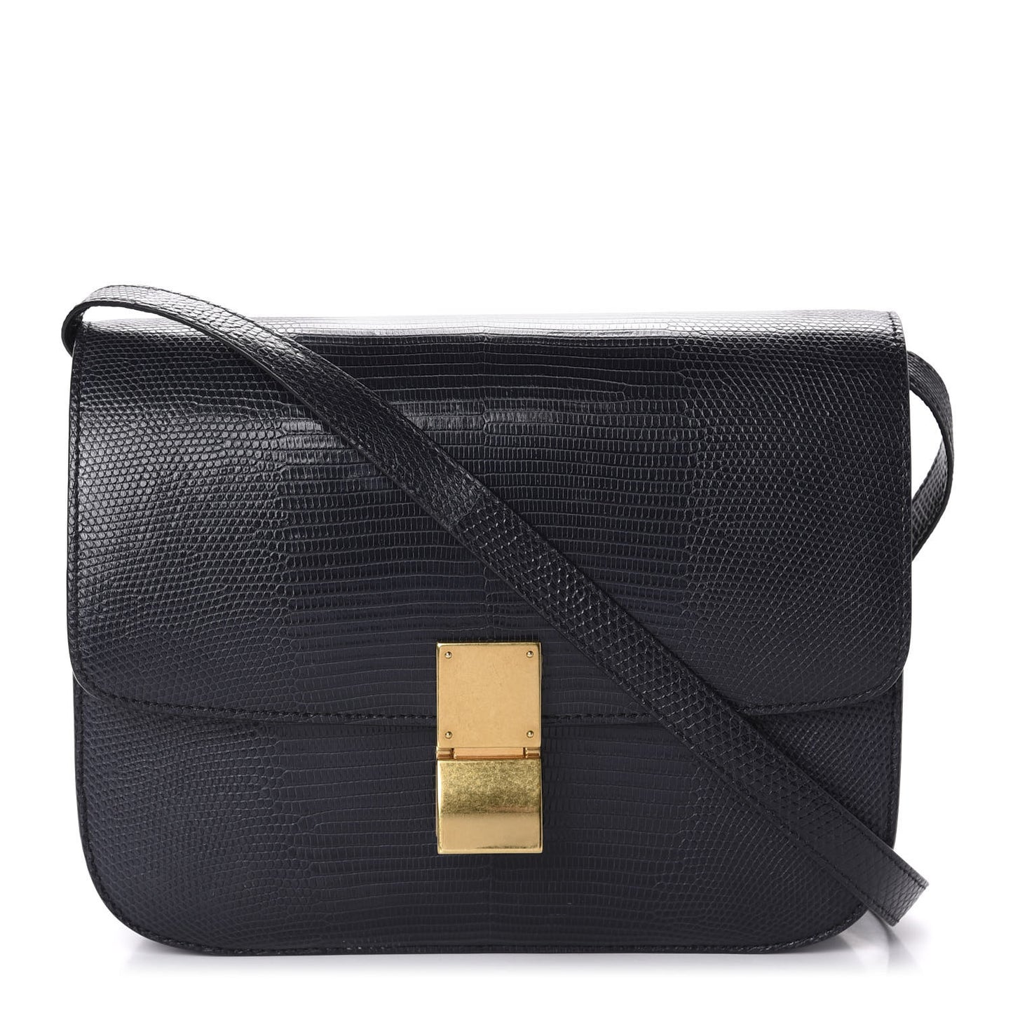 Lizard Medium Classic Box Flap Bag Navy