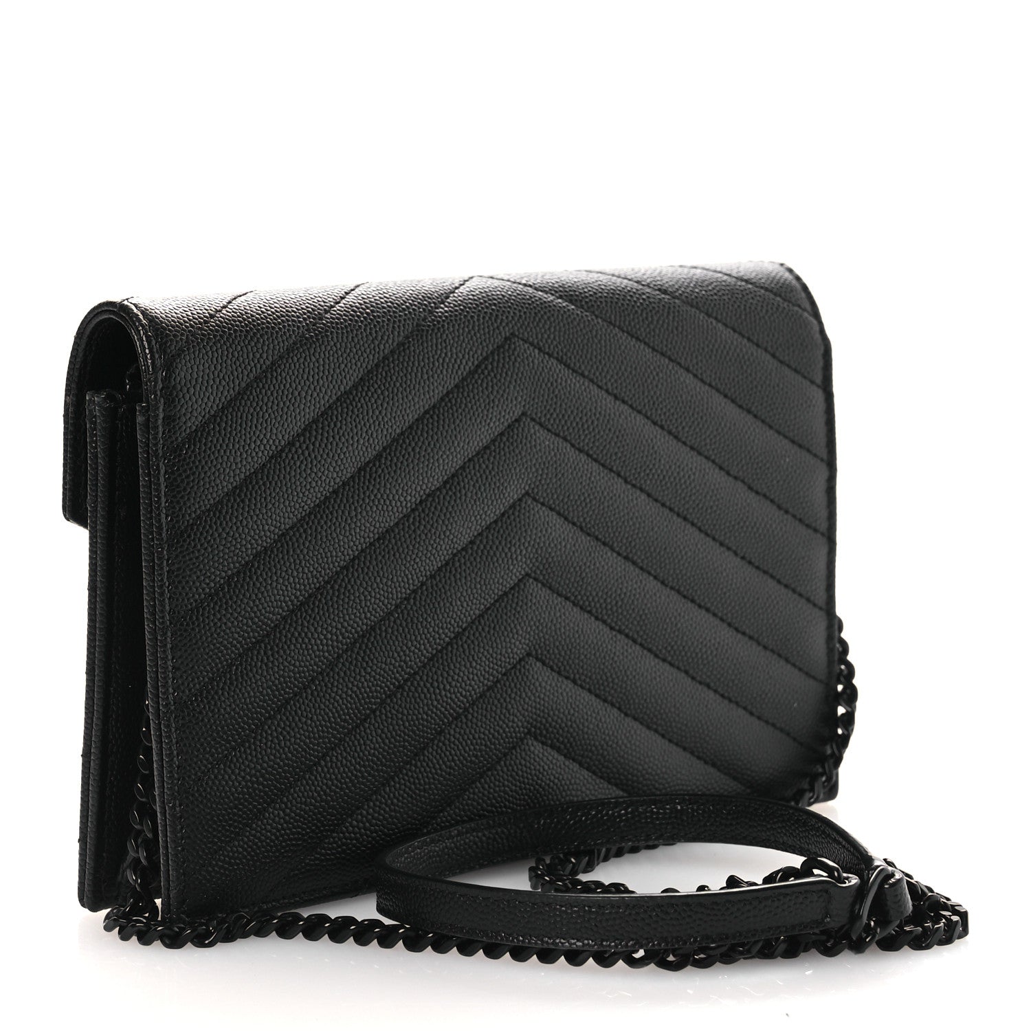 Saint Laurent Grain De Poudre Matelasse Chevron Monogram Monochrome Envelope Chain Wallet Black 4 of 13