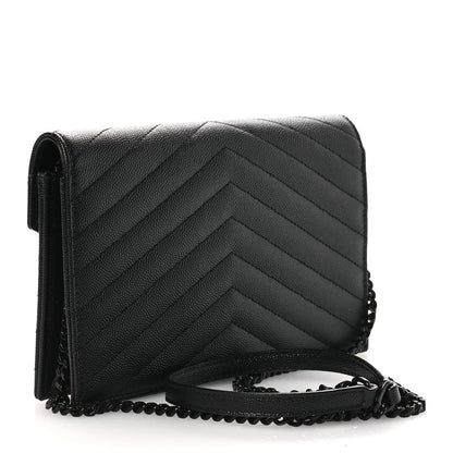 Saint Laurent Grain De Poudre Matelasse Chevron Monogram Monochrome Envelope Chain Wallet Black 4 of 13