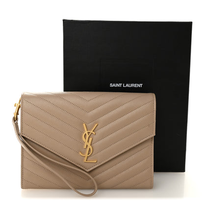 Saint Laurent Grain De Poudre Matelasse Chevron Monogram Envelope Clutch Dark Beige 7 of 7