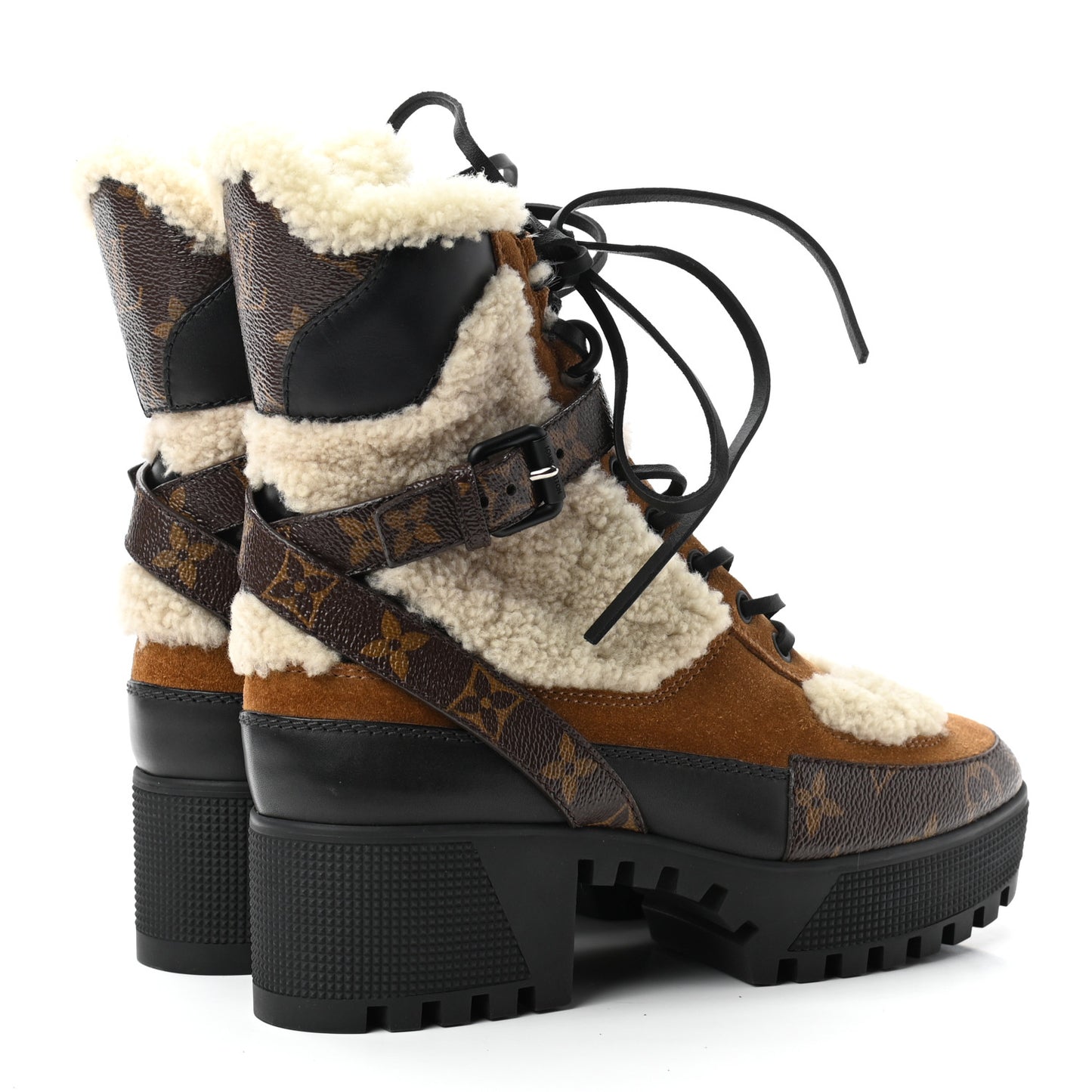 Suede Calfskin Shearling Monogram Laureate Platform Desert Boots 36 Cognac
