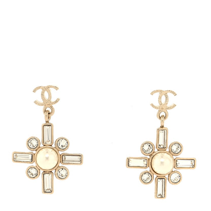 Chanel Crystal Baguette Pearl Sparkling Pearl CC Drop Earrings Light Gold 1 of 4