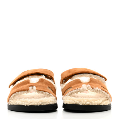 Hermes Suede Goatskin Woolskin Womens Chypre Sandals 37.5 Brun Fume Ecru 2 of 8