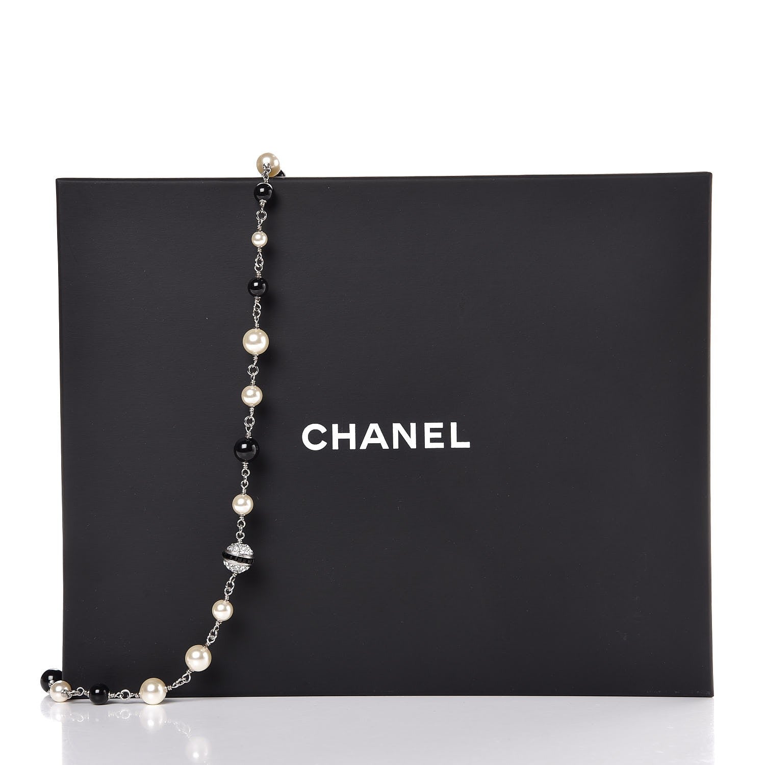 Chanel Pearl Crystal Bead CC Long Necklace Black Silver 6 of 6