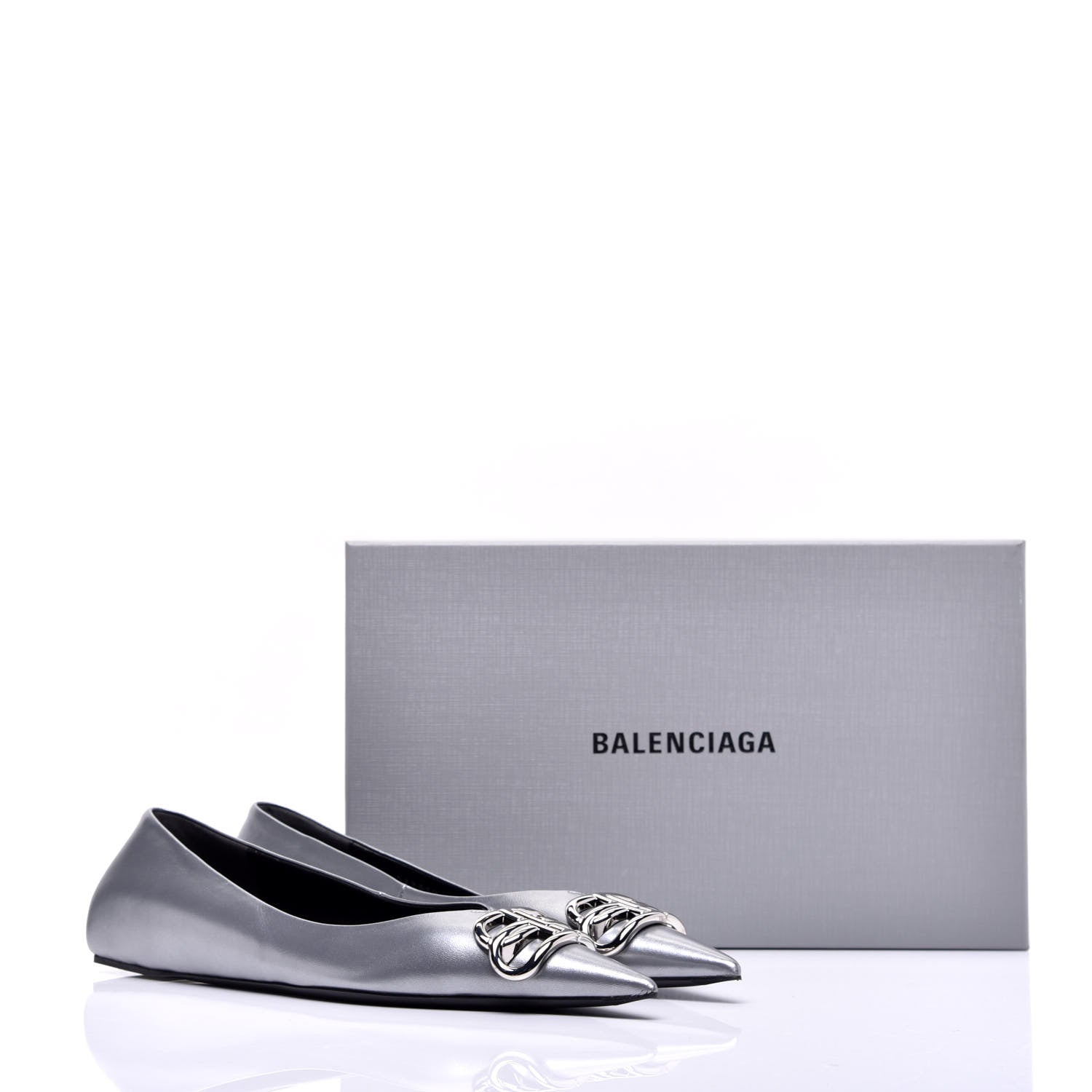 Balenciaga Metallic Calfskin BB Knife Pointy Toe Ballerina Flats 38 Silver Hardware 9 of 10