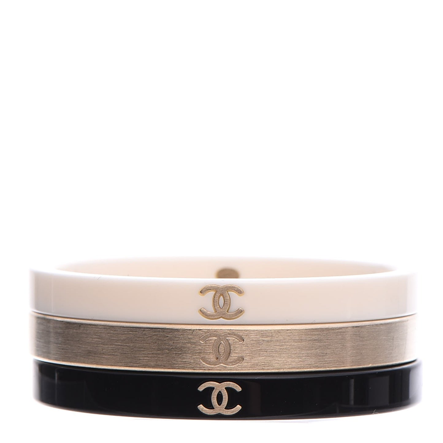 Resin Metal CC Bangle Set of 3 Black White Gold
