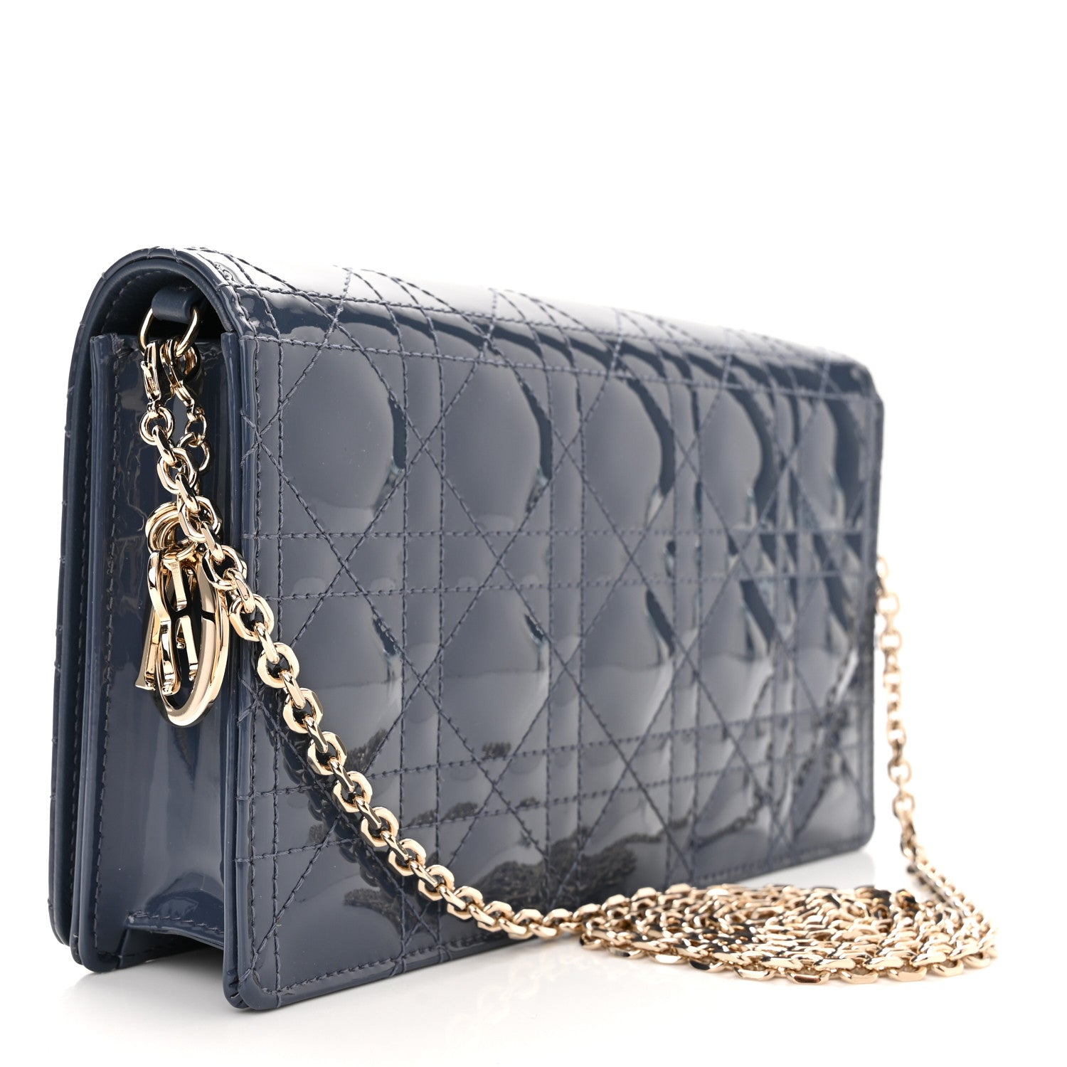 Christian Dior Patent Cannage Lady Dior Chain Wallet Denim 4 of 13