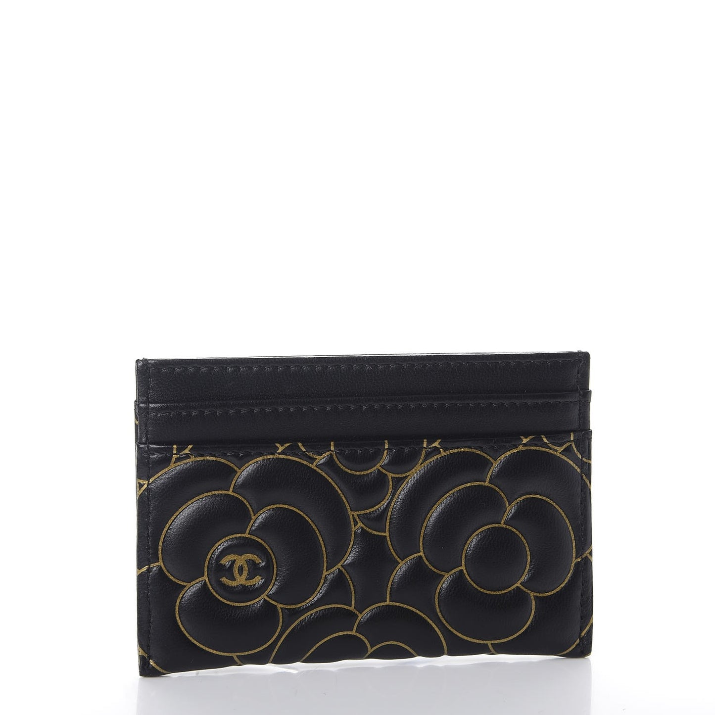 Lambskin Camellia Embossed Card Holder Black Gold