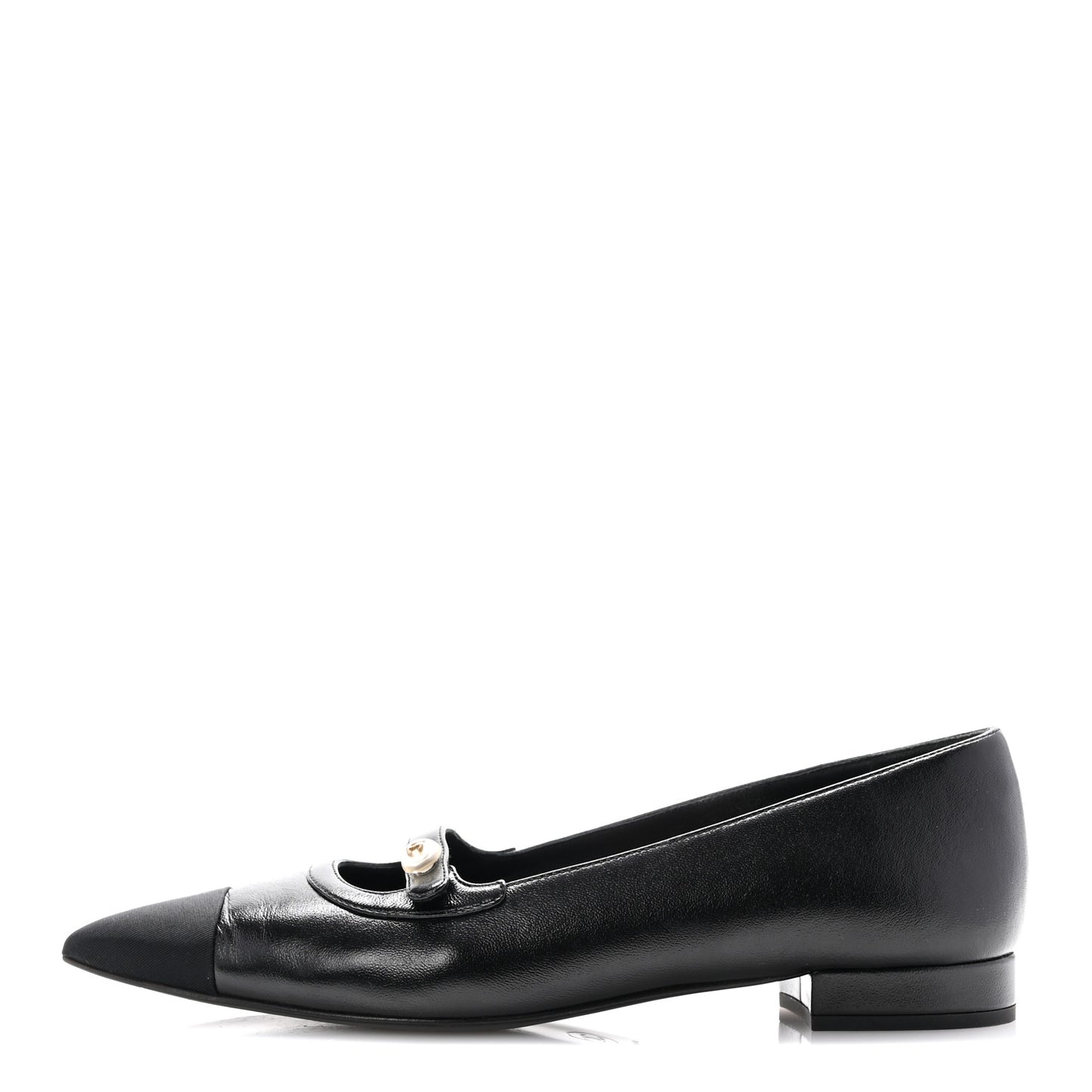Shiny Lambskin Grosgrain Pearl Mary Jane Flats 39 Black