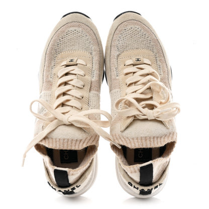 Chanel Knit Fabric Suede Calfskin Womens CC Sneakers 38.5 Ivory 2 of 9