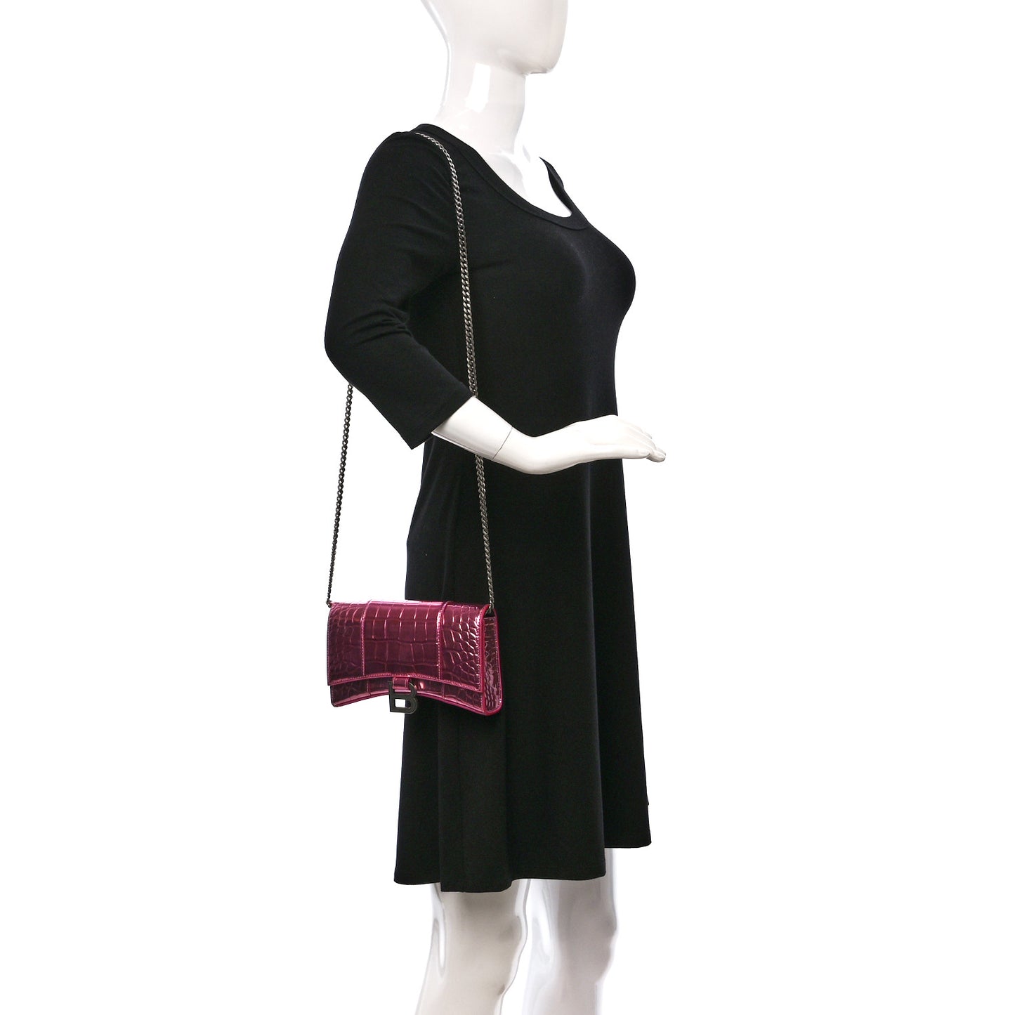 Metallic Shiny Calfskin Crocodile Embossed Hourglass Chain Bag Pink