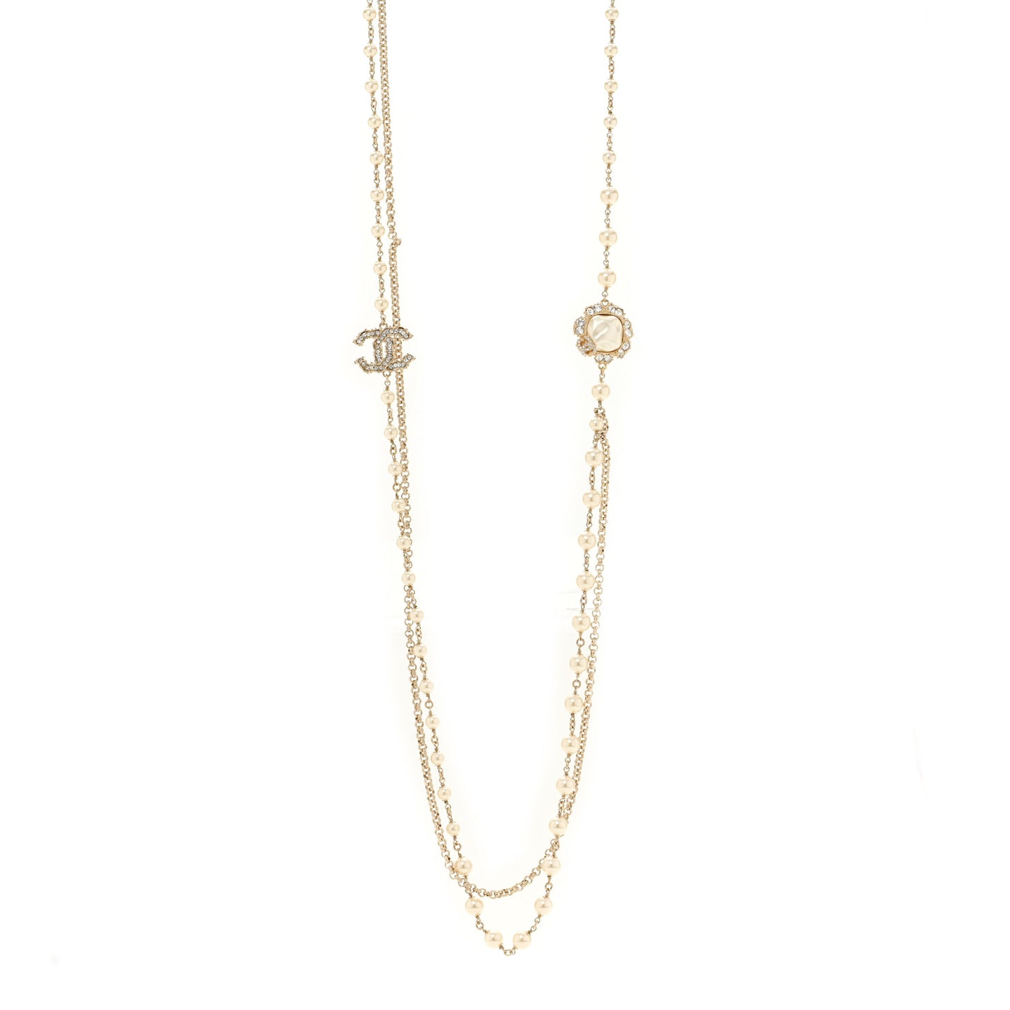 Pearl Crystal CC Camellia Express Long Necklace Gold