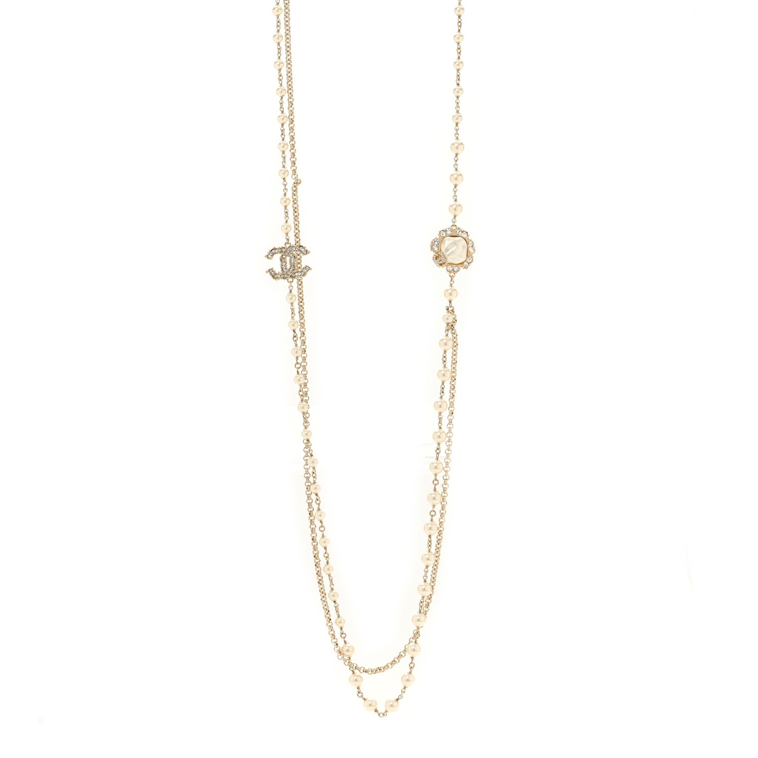 Chanel Pearl Crystal CC Camellia Express Long Necklace Gold 1 of 6