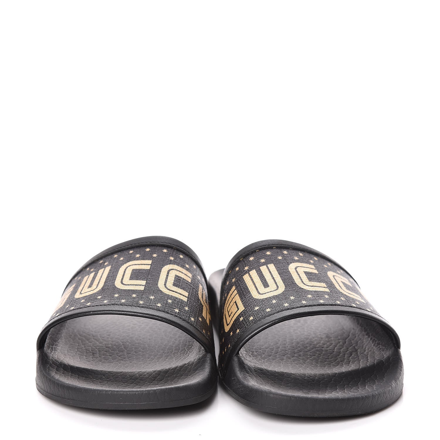Gucci X SEGA Supreme Canvas GUCCY Stars Womens Slide Sandals 36 Black Gold 2 of 8