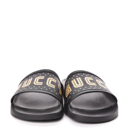 Gucci X SEGA Supreme Canvas GUCCY Stars Womens Slide Sandals 36 Black Gold 2 of 8