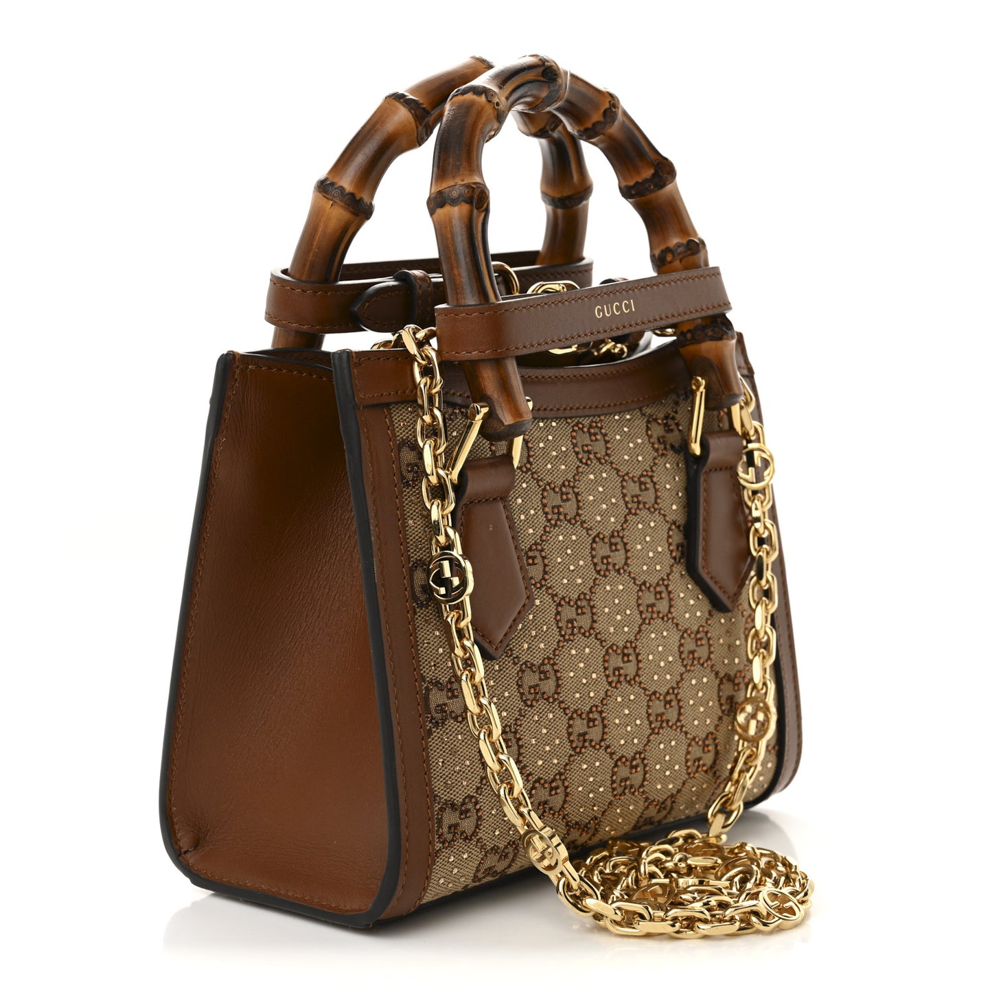 New Canvas Charisma Calfskin Crystal GG Monogram Mini Diana Tote Bag Camel Ebony