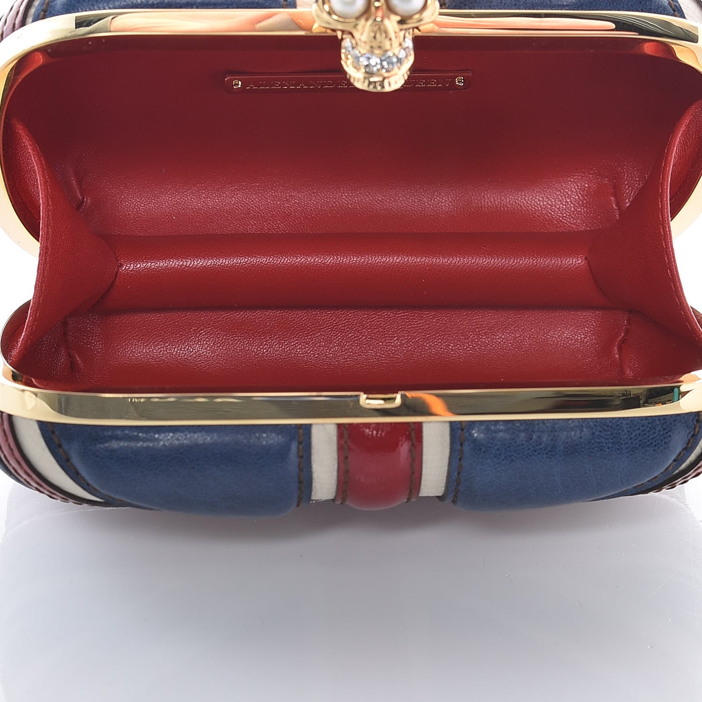Patent Calfskin Britannia Skull Box Clutch Red Blue