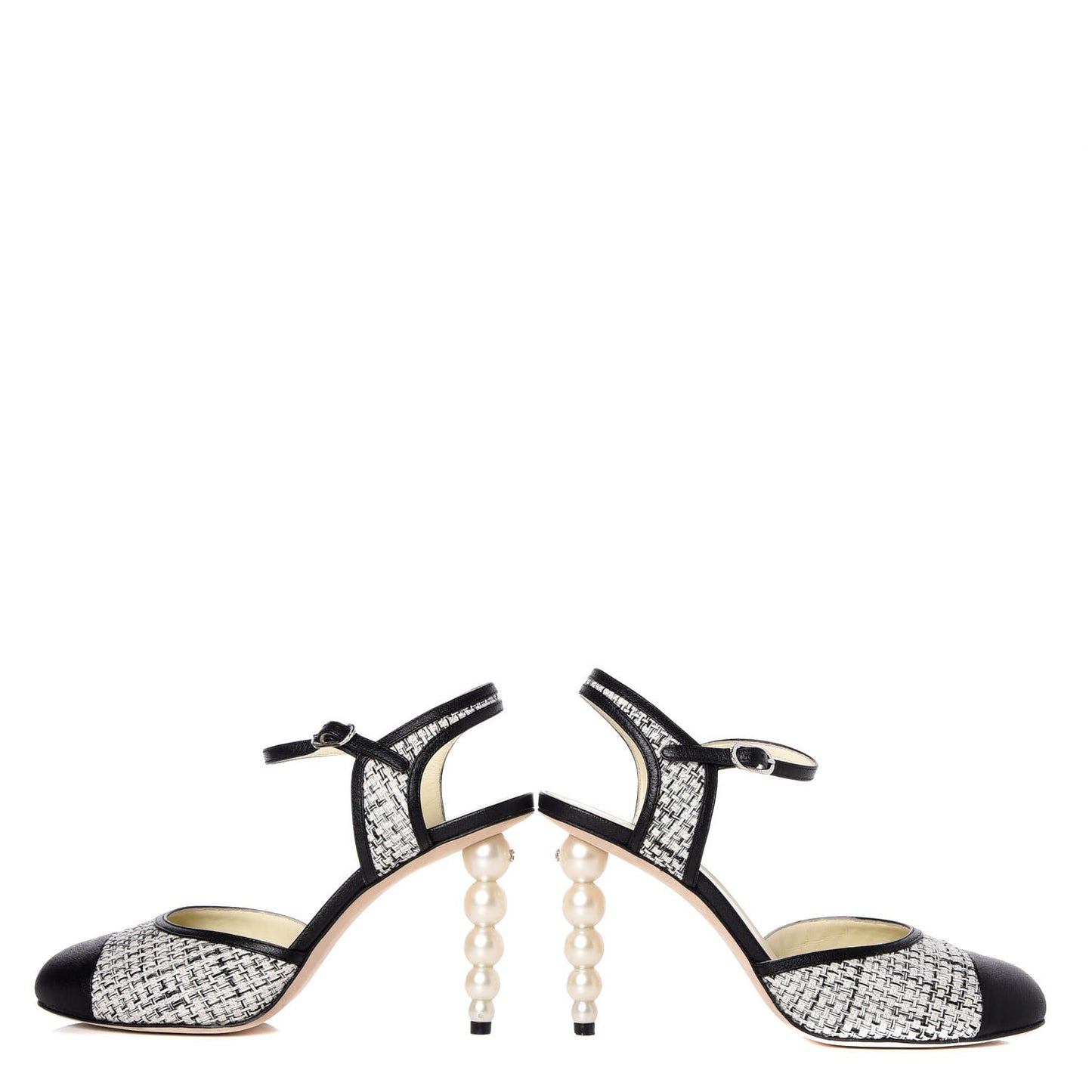 Tweed Goatskin Pearl Heel Pumps 39 Grey Beige Black