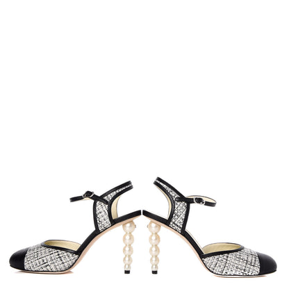 Chanel Tweed Goatskin Pearl Heel Pumps 39 Grey Beige Black 5 of 12