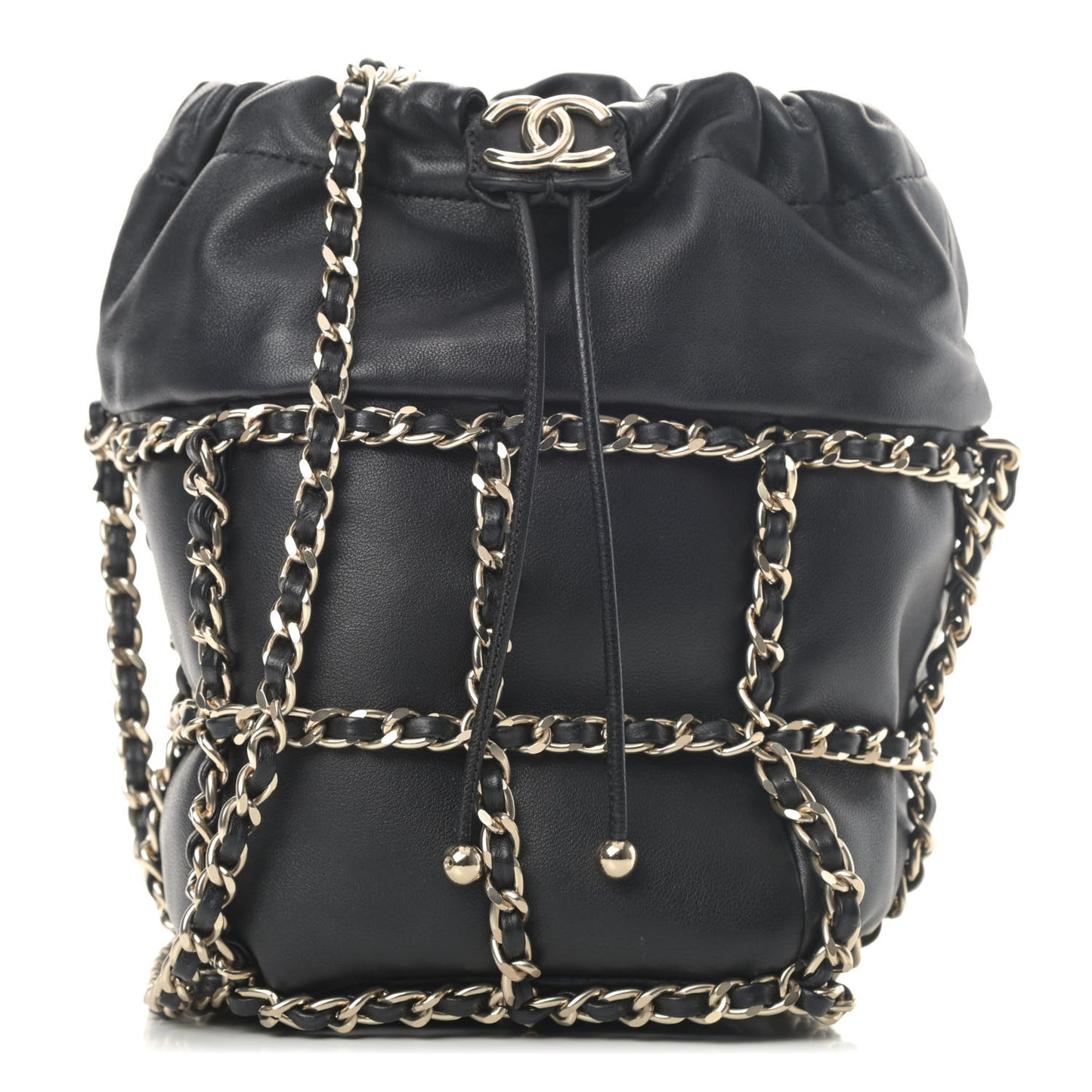 Lambskin Bucket Chain Drawstring Bag Black