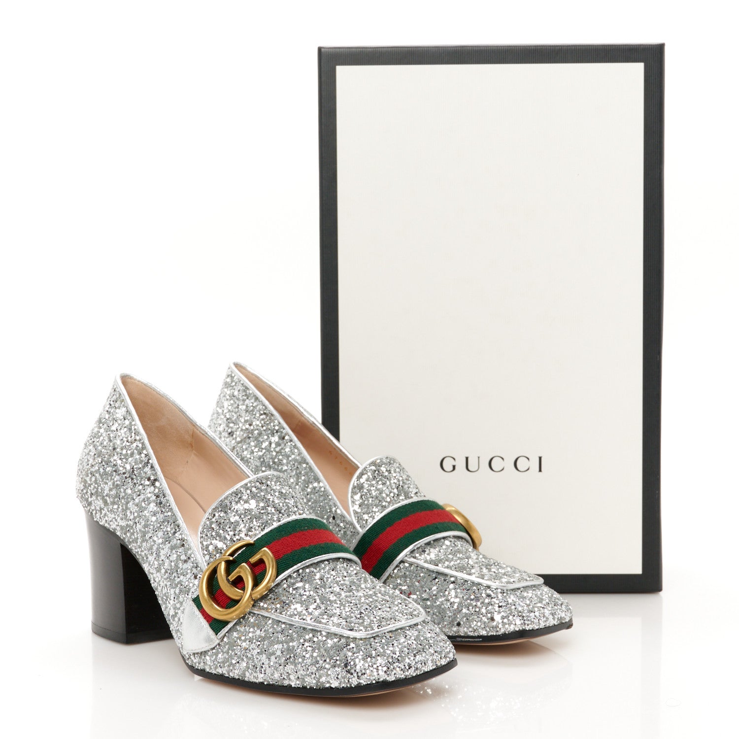 Gucci Glitter Nappa Web Peyton 75mm Loafer Pumps 37.5 Argento 10 of 10