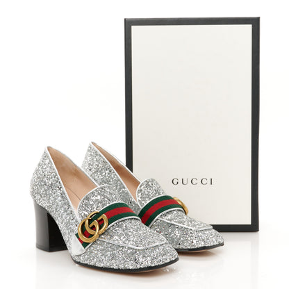 Gucci Glitter Nappa Web Peyton 75mm Loafer Pumps 37.5 Argento 10 of 10