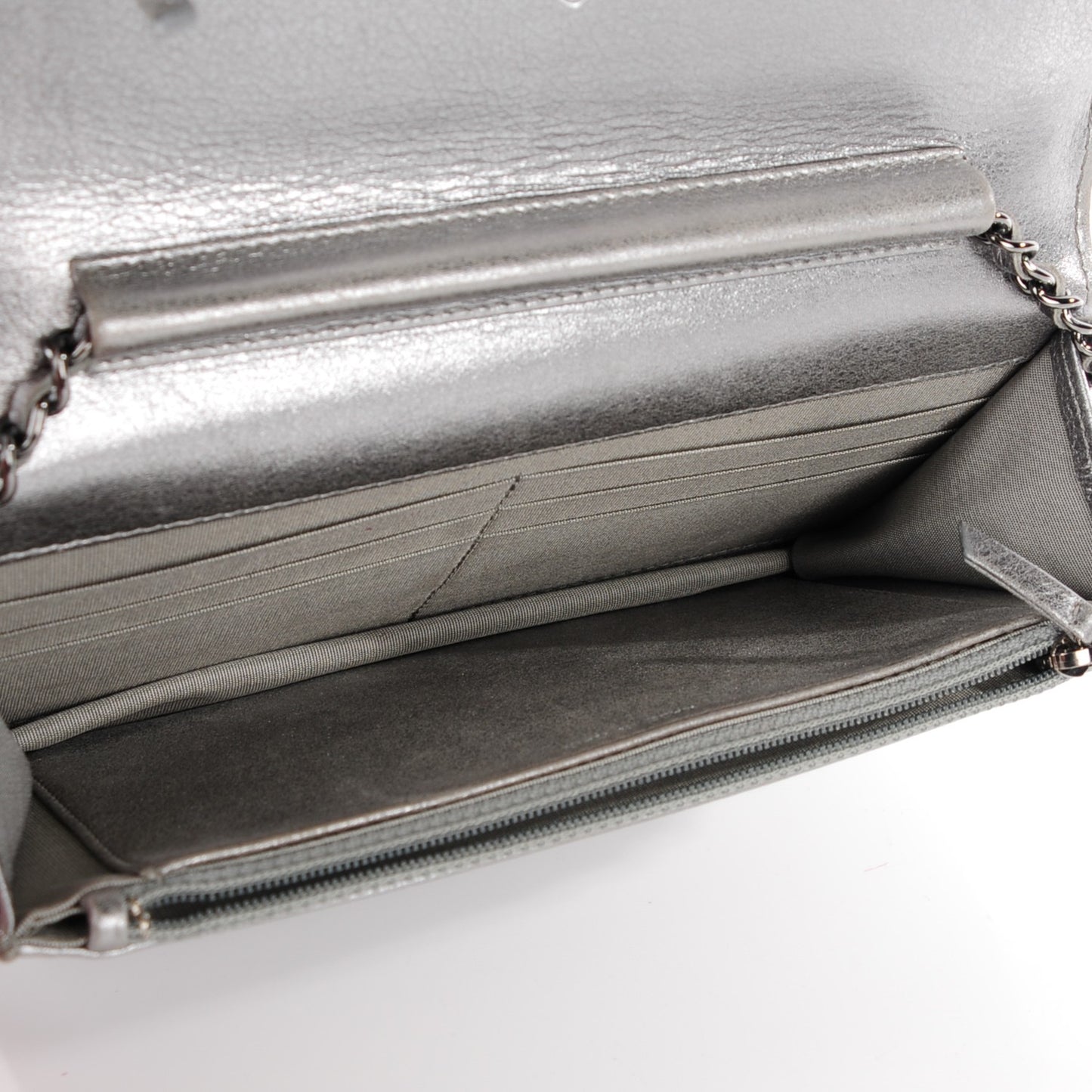 Metallic Distressed Calfskin Quilted Boy Wallet On Chain WOC Silver