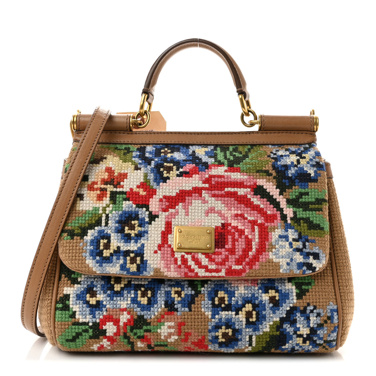 Crochet Embroidered Floral Print Miss Sicily Top Handle Flap Cammell Multicolor