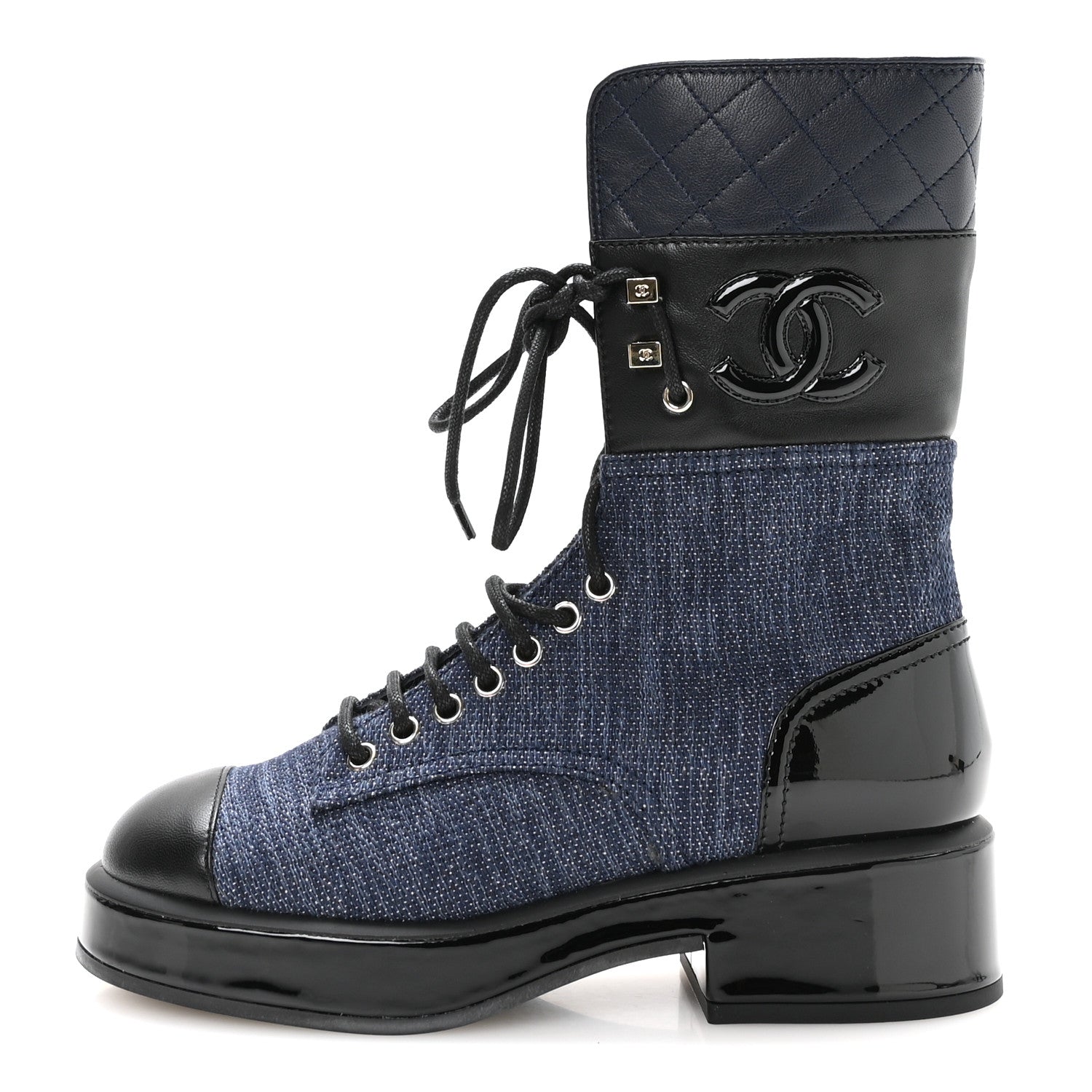 Chanel Fabric Patent Lambskin Quilted CC Lace Up Combat Boots 36.5 Navy Blue Black 1 of 9