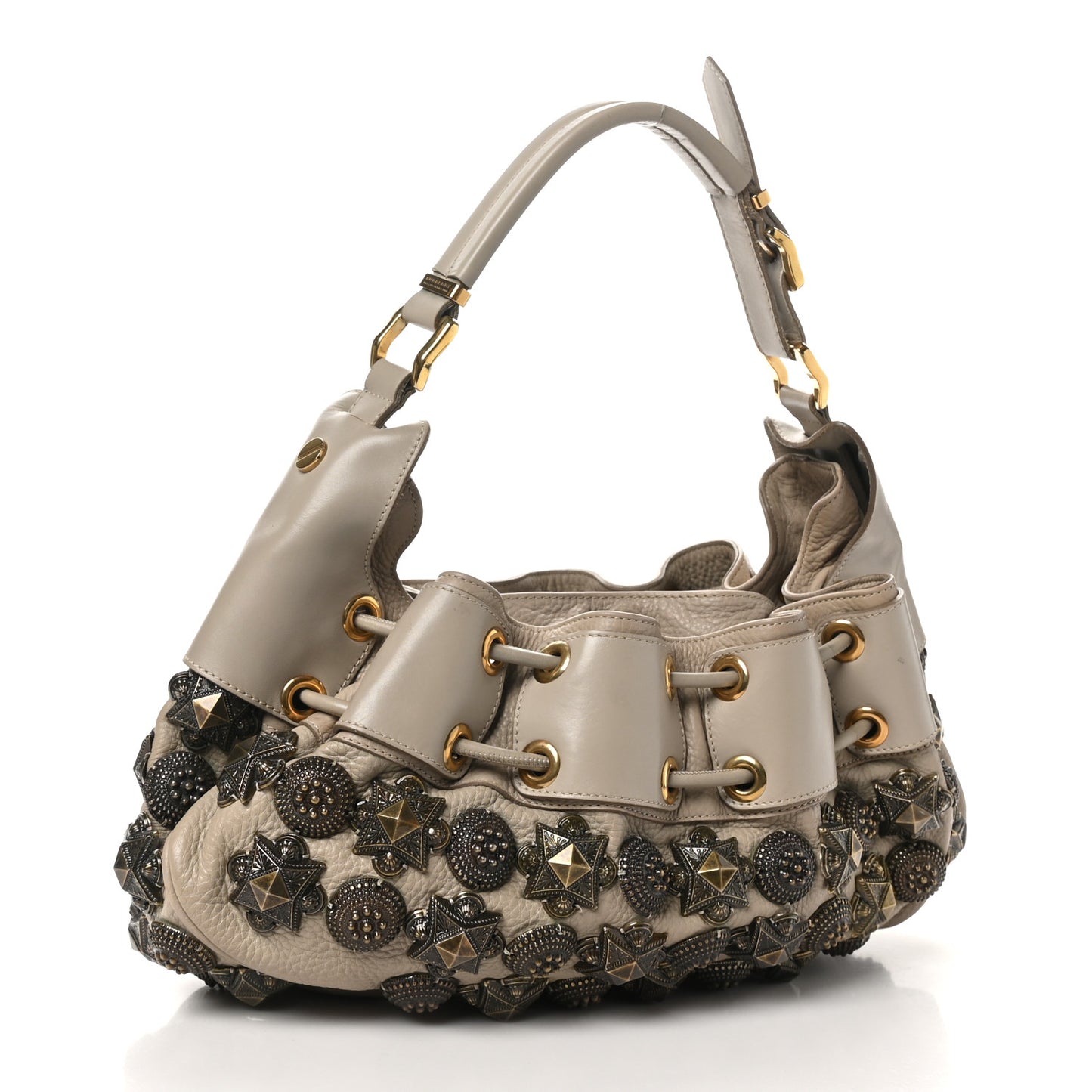 Calfskin Mason Warrior Studded Hobo Taupe