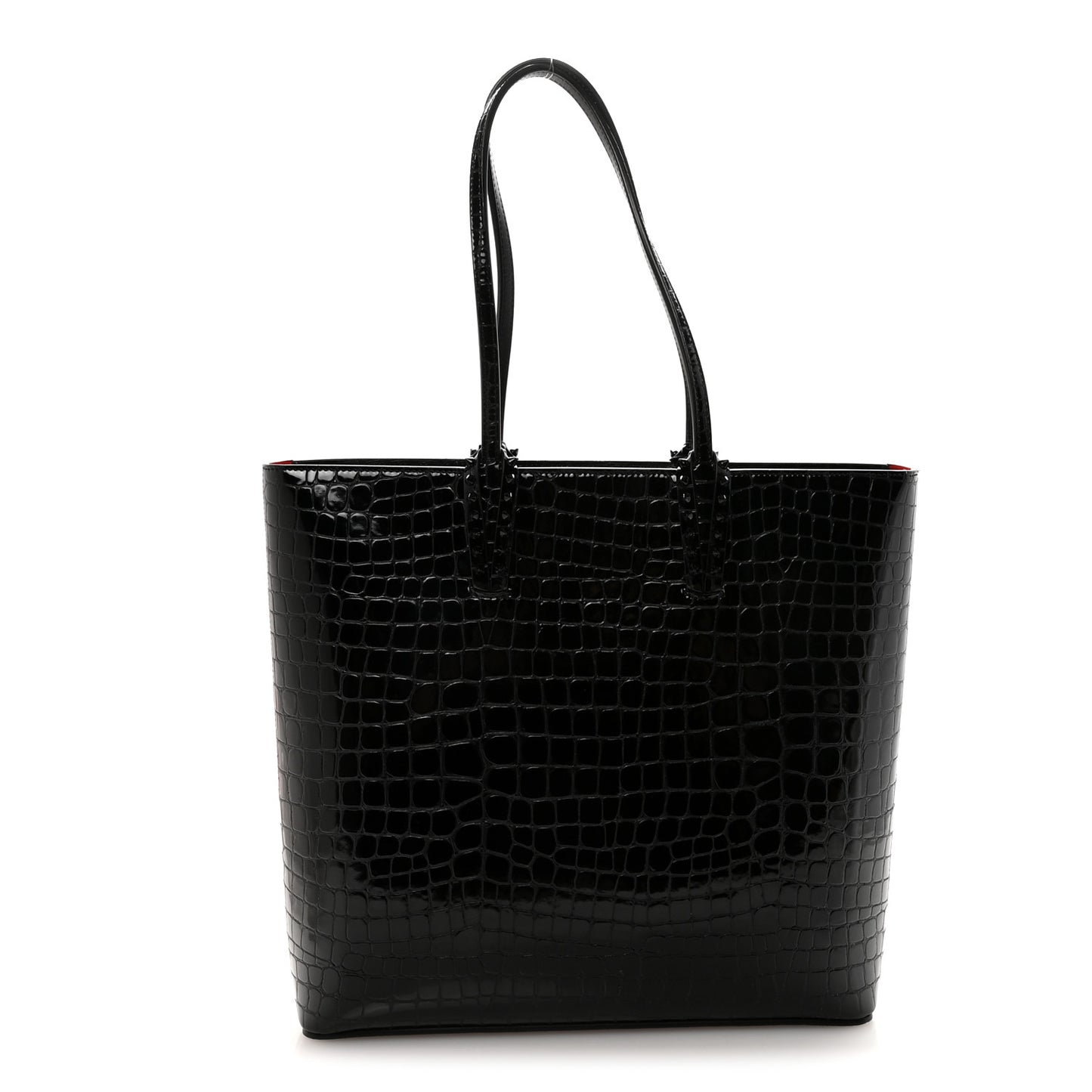 Patent Calfskin Crocodile Embossed Spikes Zipped Cabata Tote Black