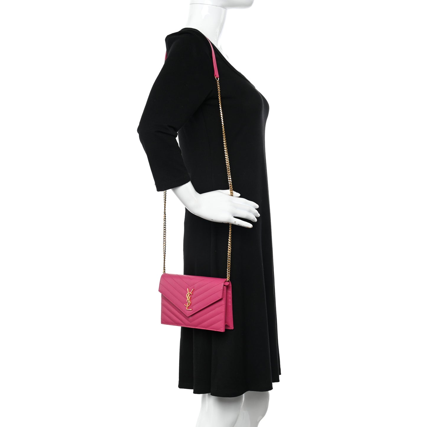 Grain De Poudre Matelasse Chevron Monogram Envelope Chain Wallet Fresh Fuchsia