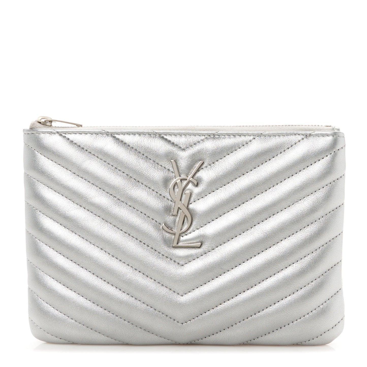 Metallic Calfskin Matelasse Chevron Monogram Pouch Silver