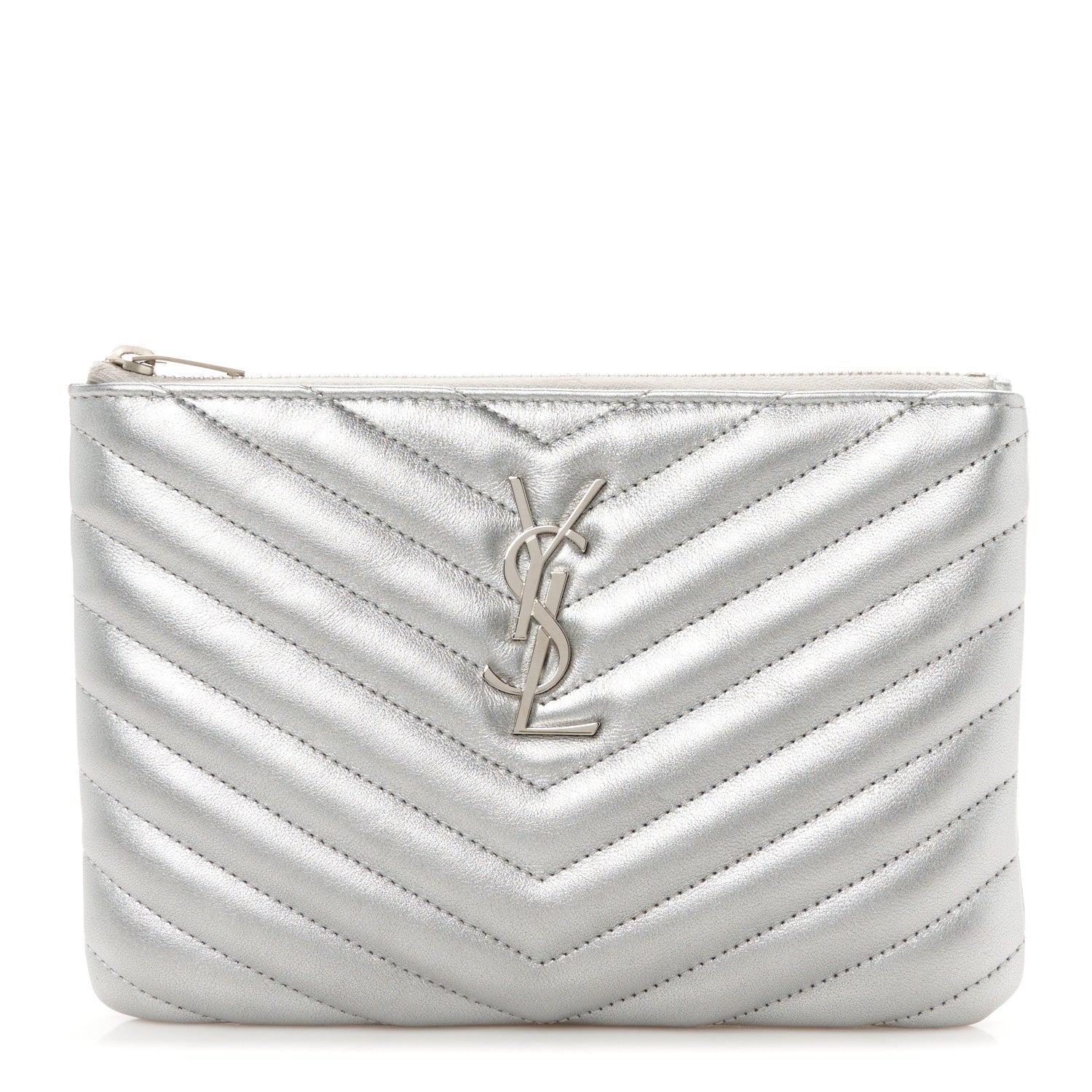 Saint Laurent Metallic Calfskin Matelasse Chevron Monogram Pouch Silver 1 of 9