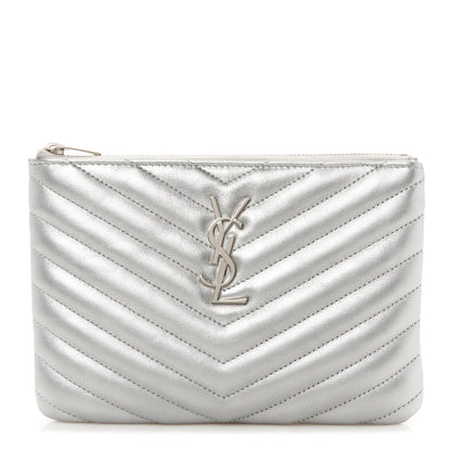 Saint Laurent Metallic Calfskin Matelasse Chevron Monogram Pouch Silver 1 of 9