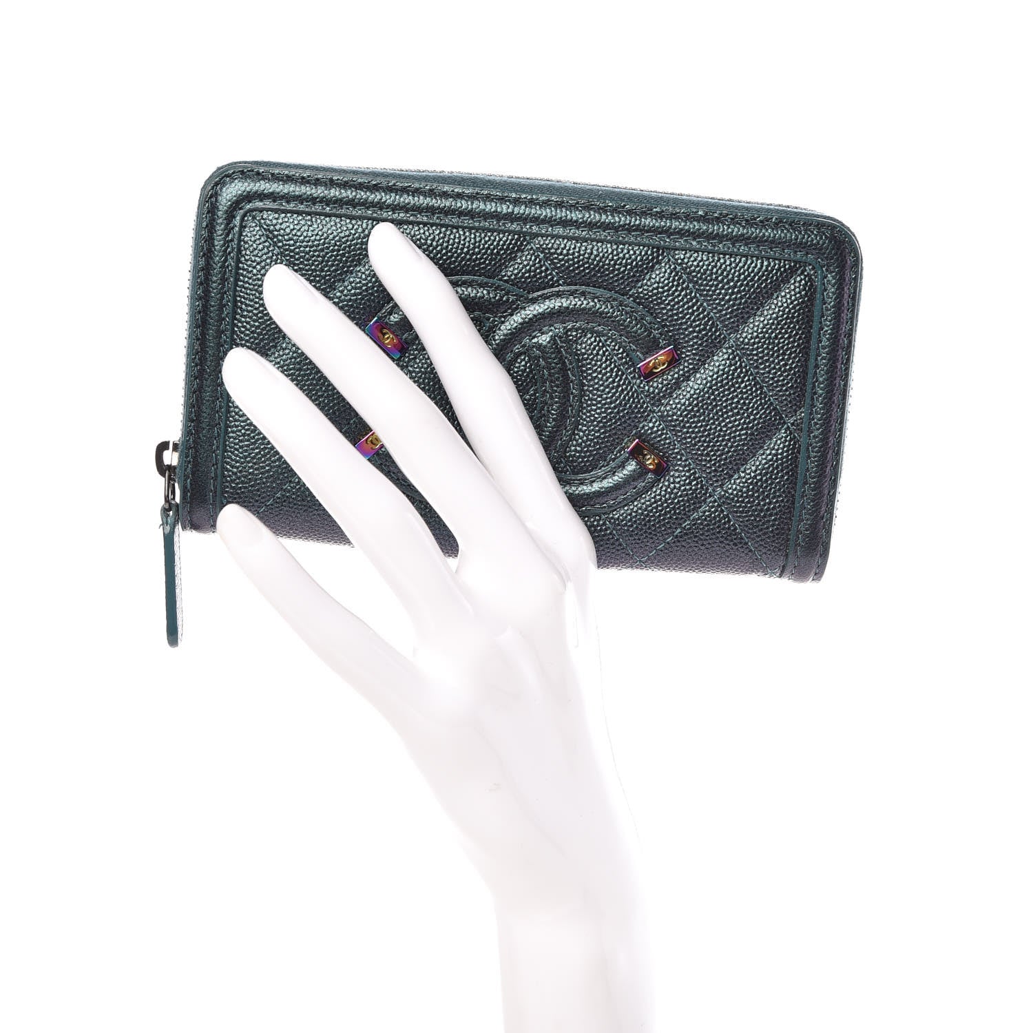 Chanel Iridescent Caviar Quilted Medium Filigree Zip Around Wallet Dark Turquoise 2 of 9