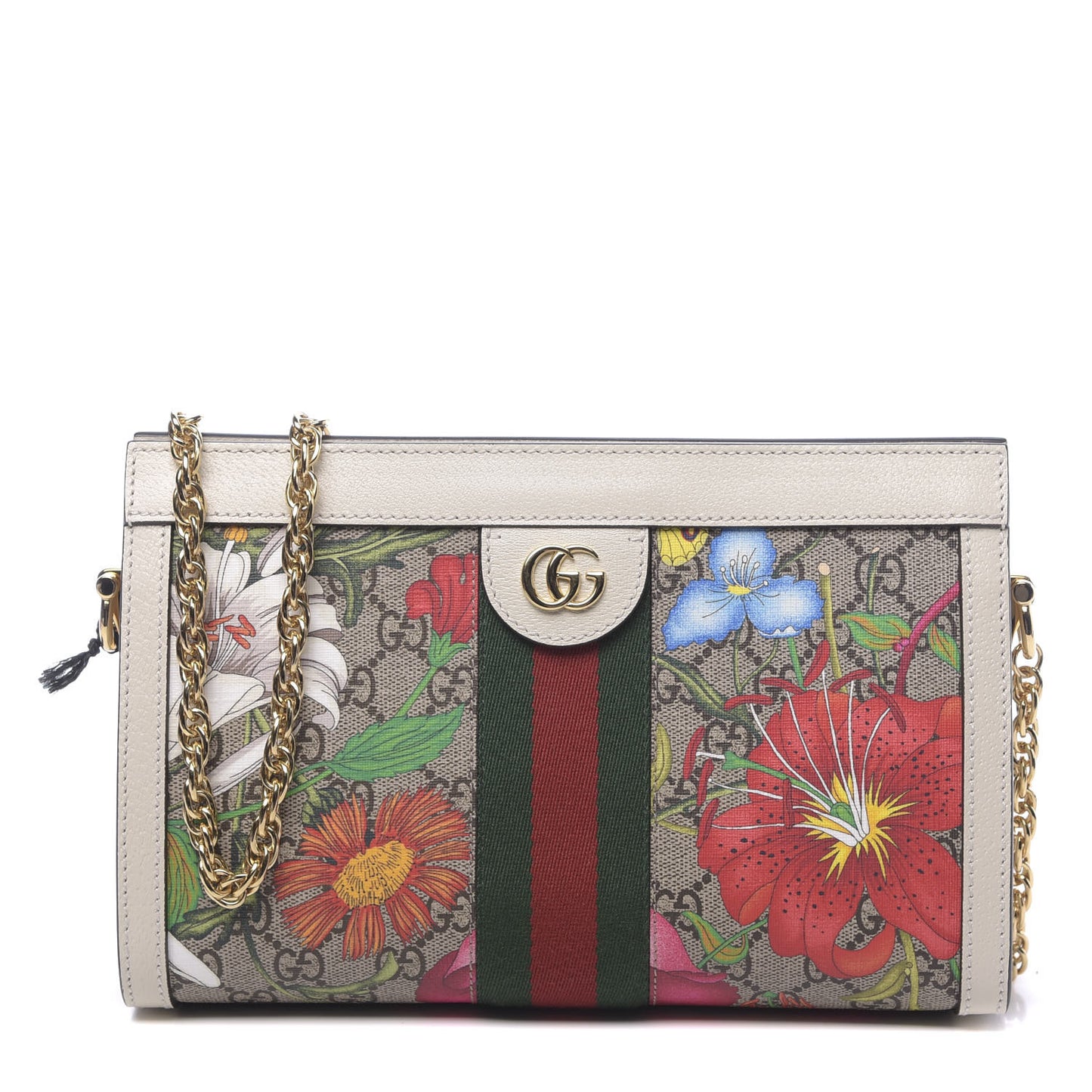 GG Supreme Monogram Flora Web Small Ophidia Chain Shoulder Bag White