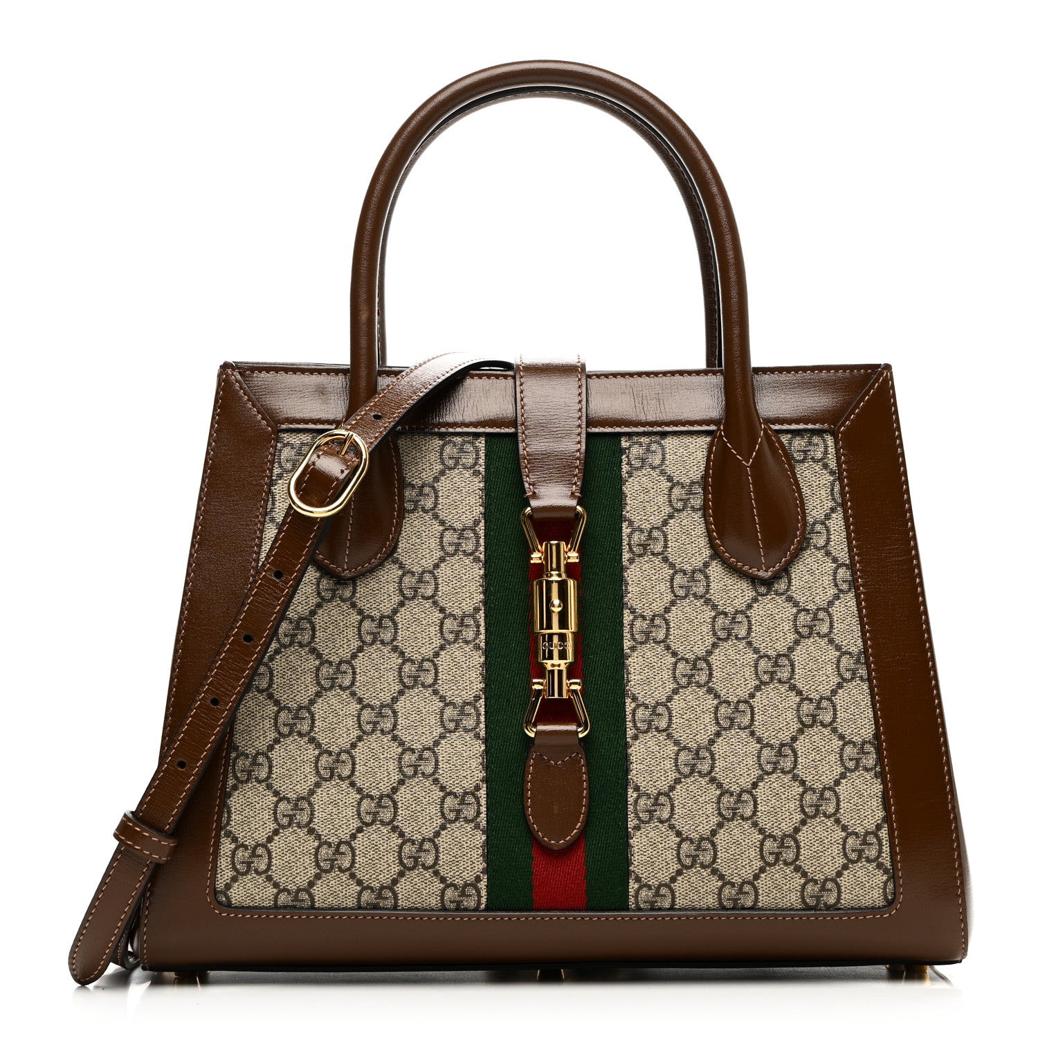 Gucci GG Supreme Monogram Azalea Calfskin Web Medium Jackie 1961 Tote Beige Ebony Brown Sugar 1 of 10