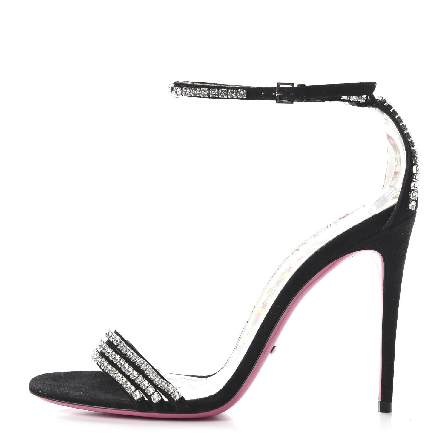 Gucci Kid Scamosciato Crystal Ankle Strap High Heel Sandals 40 Black 1 of 8