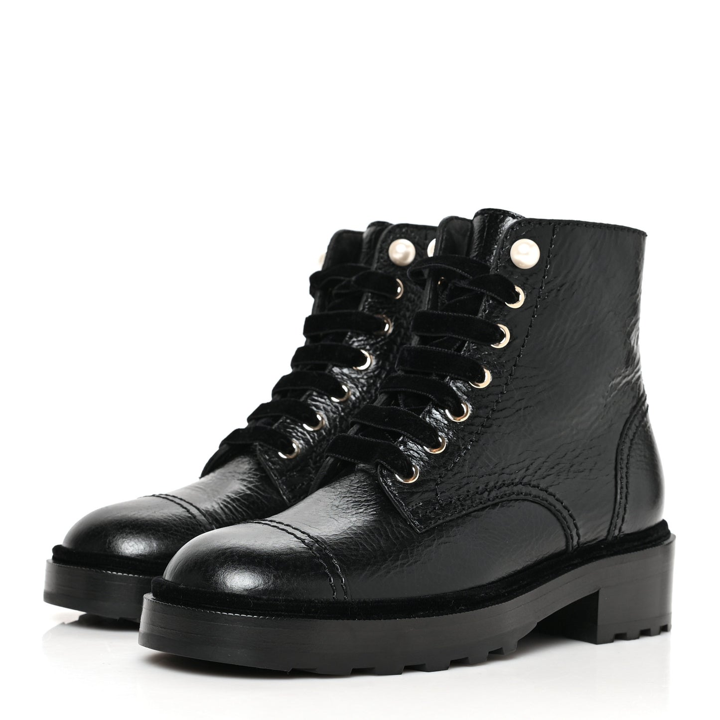 Shiny Calfskin Velvet Pearl Combat Short Boots 36.5 Black
