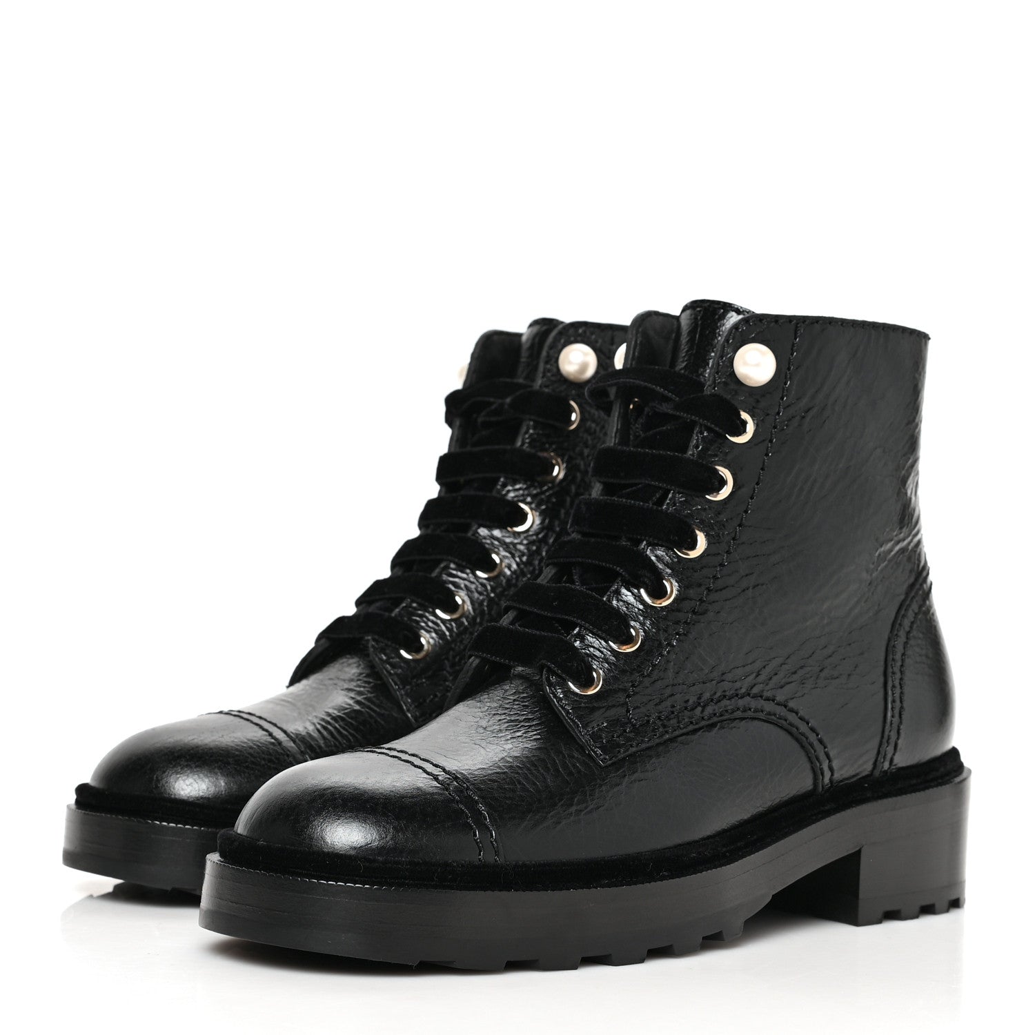 Chanel Shiny Calfskin Velvet Pearl Combat Short Boots 36.5 Black 3 of 7