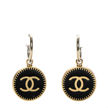 Chanel Metal Enamel CC Round Drop Earrings Gold Black White 1 of 5