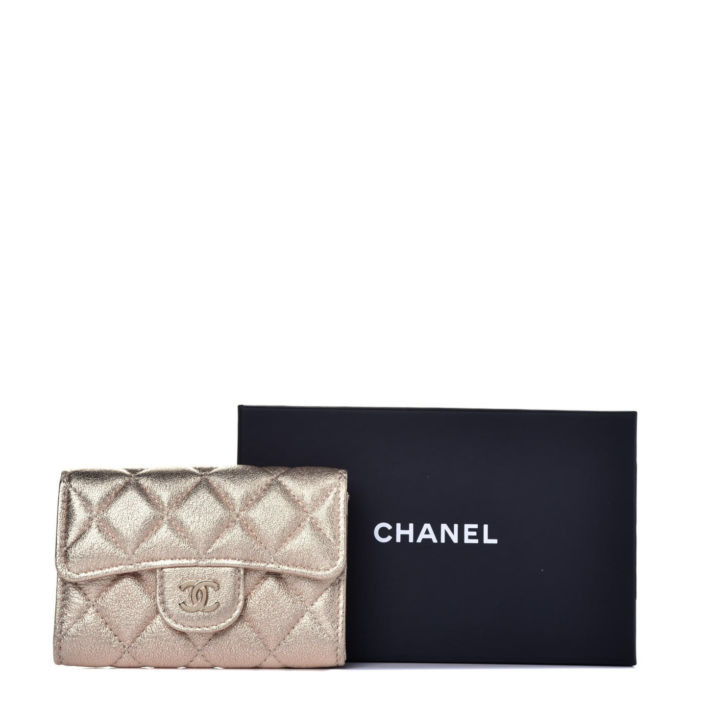 Metallic Lambskin Quilted Flap Card Holder Wallet Gold